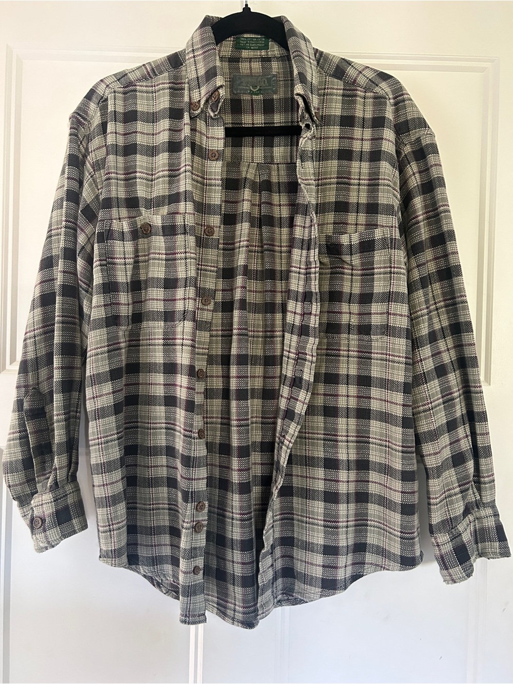 Vintage 100% cotton sage/black/burgundy plaid button up